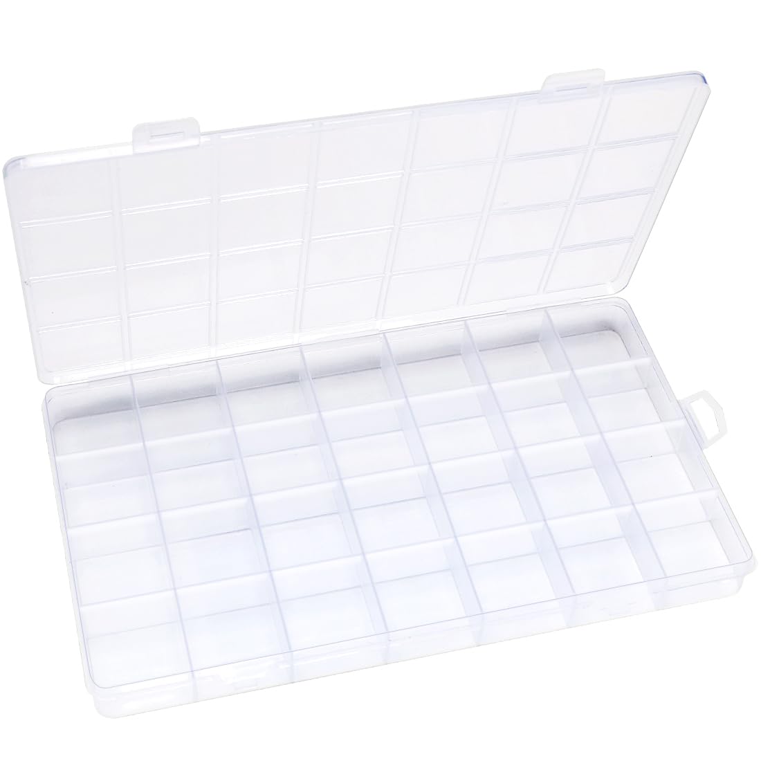 Clear plastic storage box with an open lid, showing multiple small compartments for organizing items like beads or small tools. Bright, minimalistic setting.