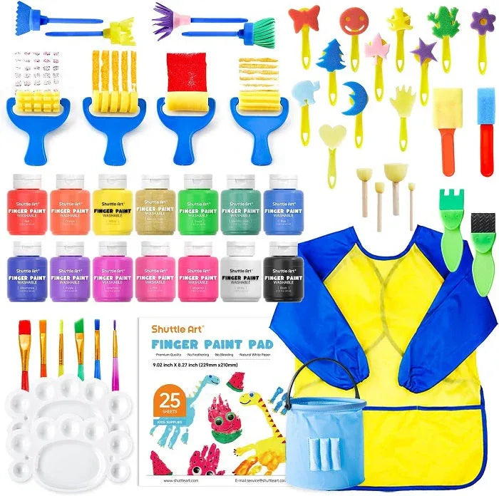 Art set with colorful paints, varied brushes, sponge shapes, a painting pad, apron, and palette. Bright and cheerful, ideal for kids' creativity