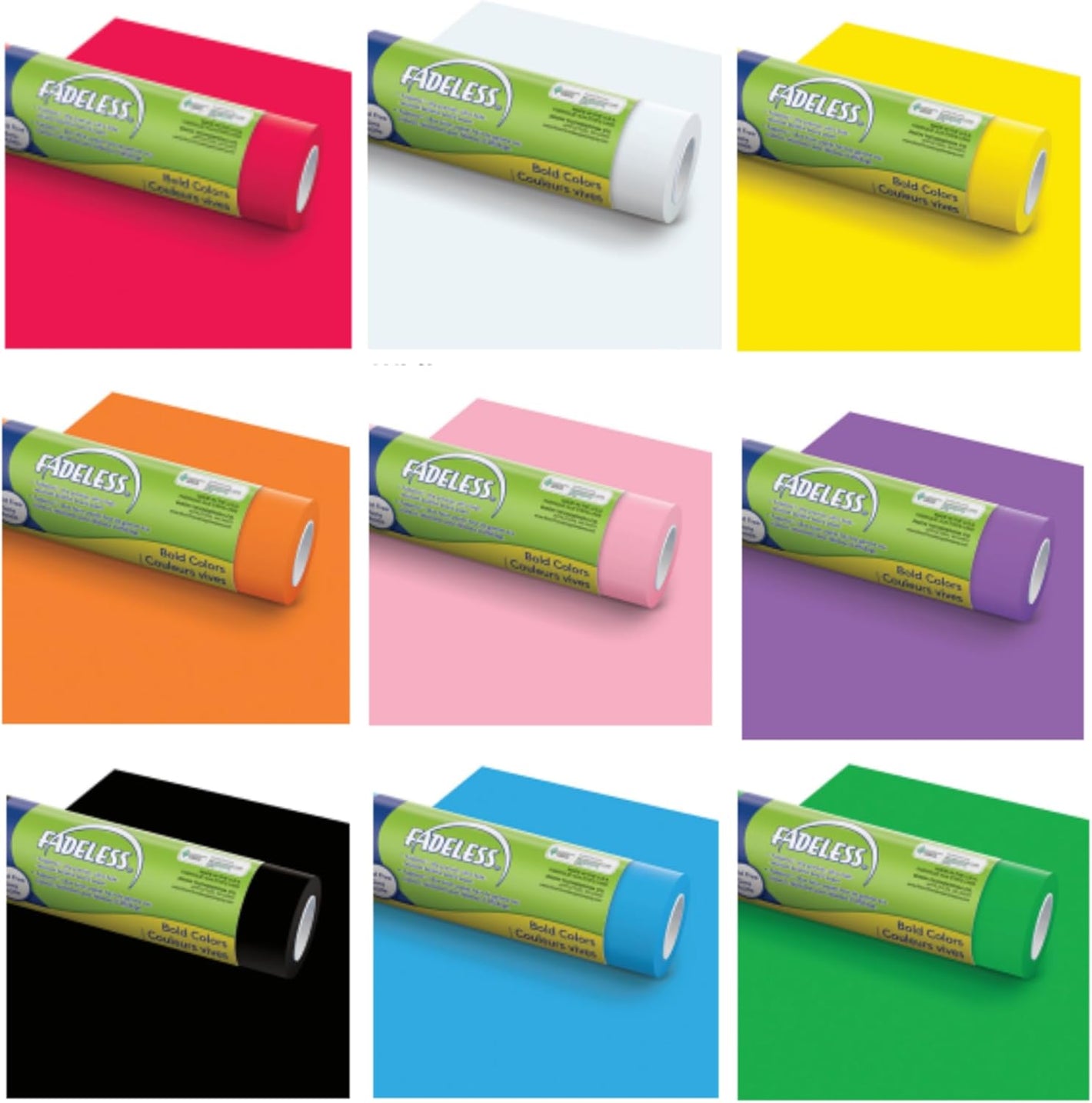 Nine rolls of "Fadeless" brand paper in red, white, yellow, orange, pink, purple, black, blue, and green. Each roll rests on matching colored sheets.