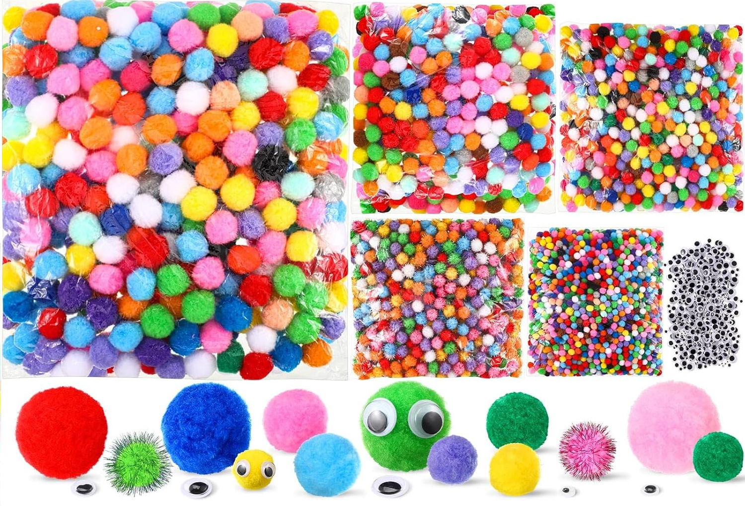 Colorful pom-poms and googly eyes. Large pom-poms in bags; small pom-poms and eyes arranged below. Playful, creative crafting supplies.