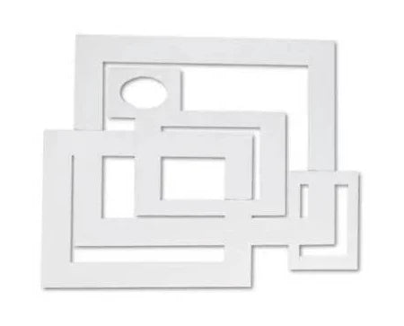 Abstract white wall sculpture featuring overlapping rectangular and square frames, creating a geometric and modern design with a minimalist feel.