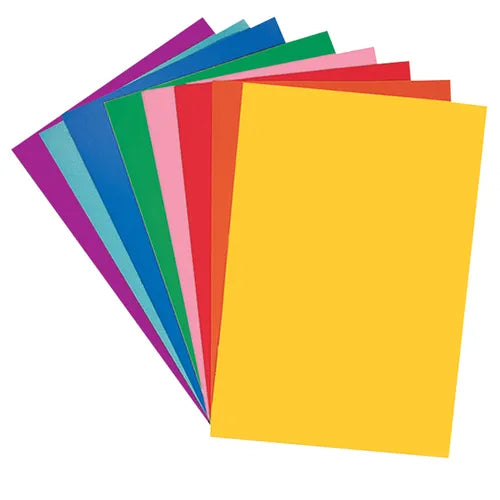 A stack of colorful paper sheets, each in different bright colors, fanned out artfully against a white background. Colors include yellow, red, and blue.