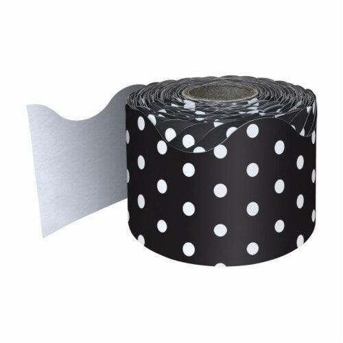Rolled Scalloped Borders 2-1/4" Wide x 65 feet roll - Black with White Polka Dots (Carson Dellosa 108474)