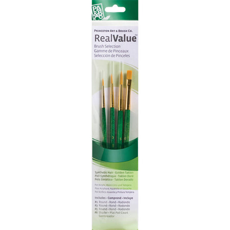 RealValue Brush Set, Gold Taklon Bristles, Short Handle Mixed Media Paintbrush, Brown, 4 Pieces