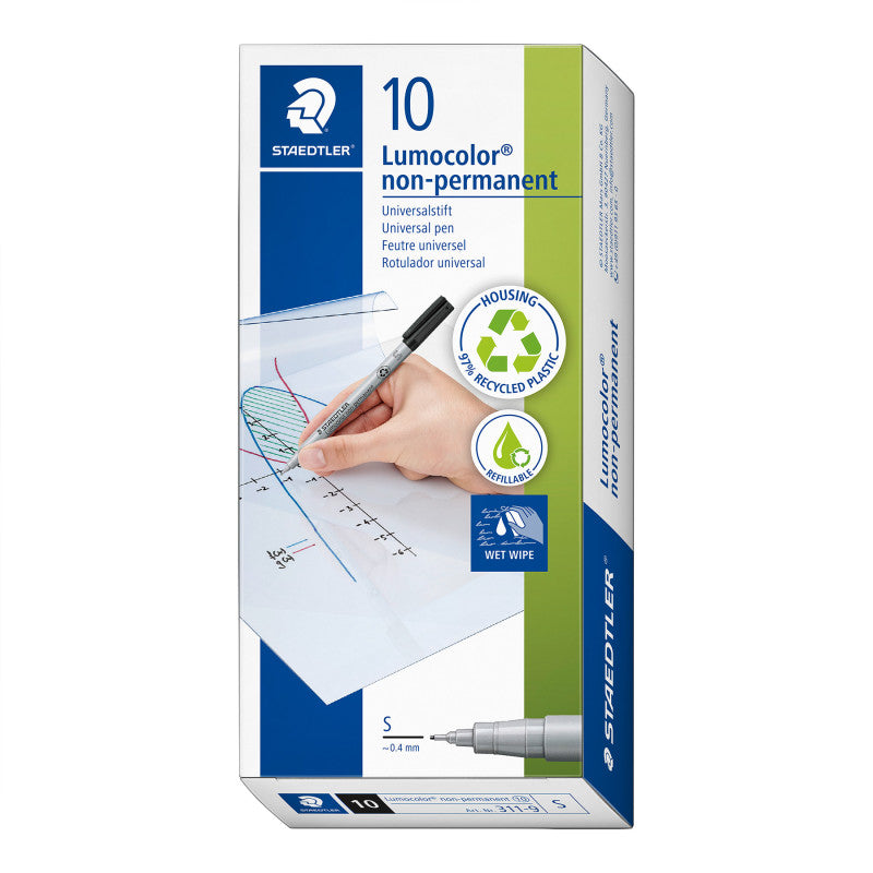 Lumocolor Non-Permanent, Wet Erase, Superfine 0.4 mm, Black, Pack of 10