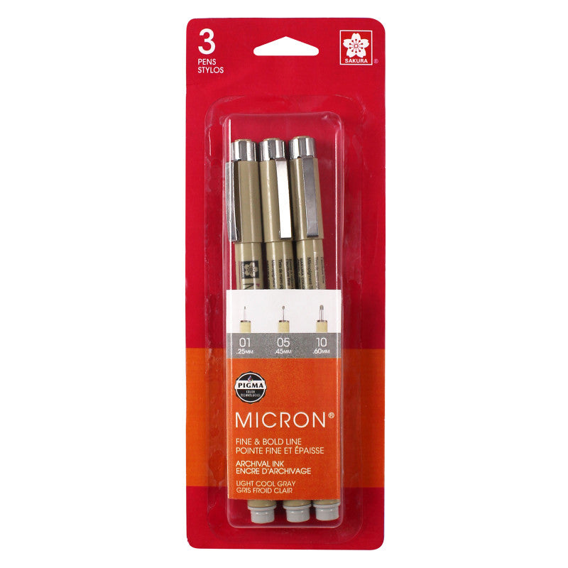 Pigma Micron Pens, Light Cool Gray, Assorted Sizes, 3-Piece Set, Blister Card
