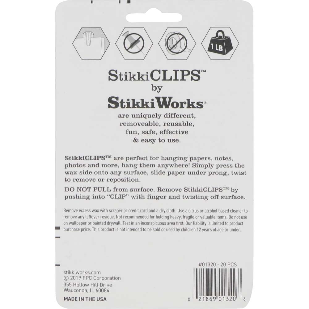 StikkiCLIPS™ Adhesive Clips, White, Pack of 20