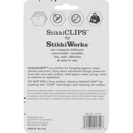 StikkiCLIPS™ Adhesive Clips, White, Pack of 20