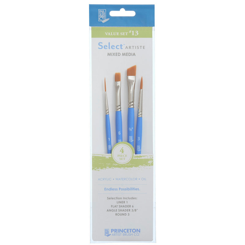 Select Artiste Brush Set No. 13, Synthetic Bristles, Short Handle Mixed Media Paintbrush, Jewel Blue, 4 Pieces