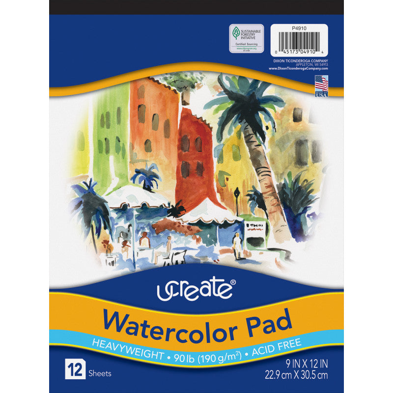 Watercolor Pad, 90 lb., 9" x 12", 12 Sheets
