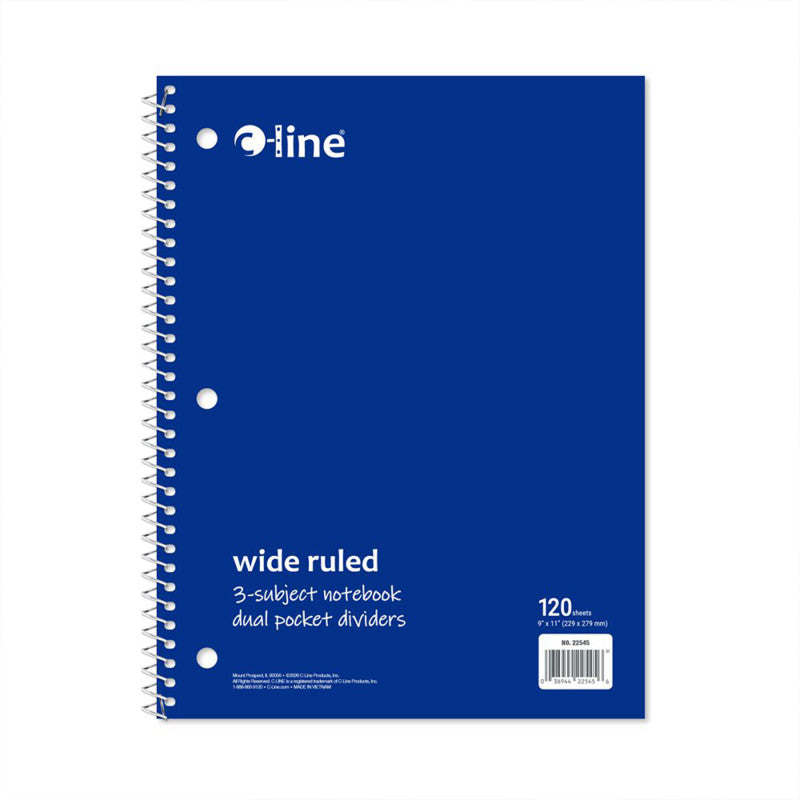 Wide-Ruled 3-Subject Notebook, 120 Sheets, Blue