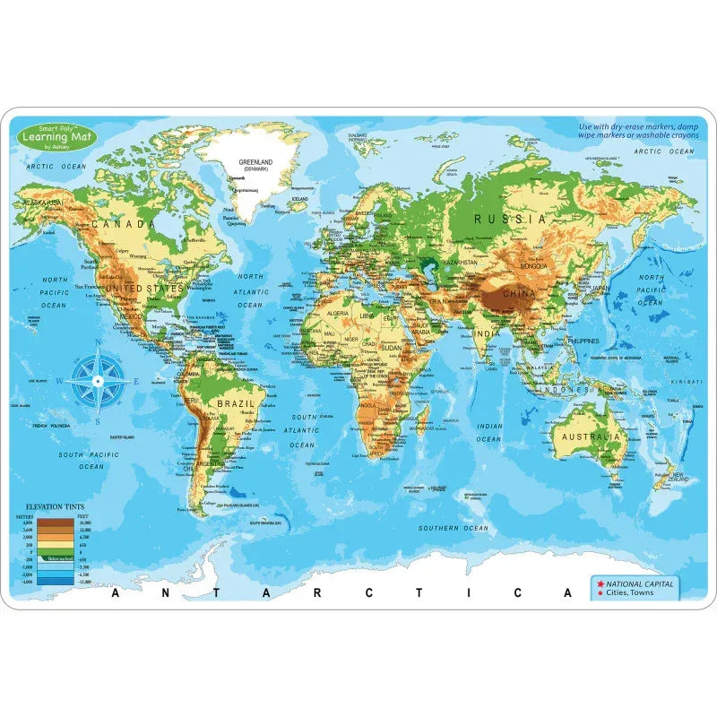 Smart Poly&trade; Learning Mat, 12" x 17", Double-Sided, World Physical Map
