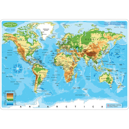 Smart Poly&trade; Learning Mat, 12" x 17", Double-Sided, World Physical Map