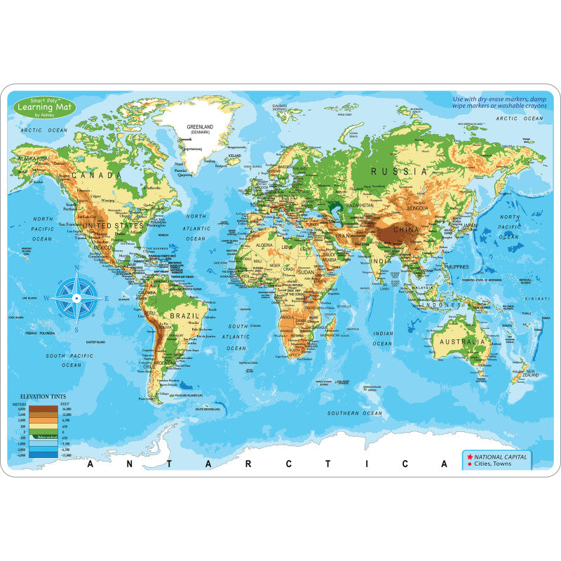 Smart Poly&trade; Learning Mat, 12" x 17", Double-Sided, World Physical Map
