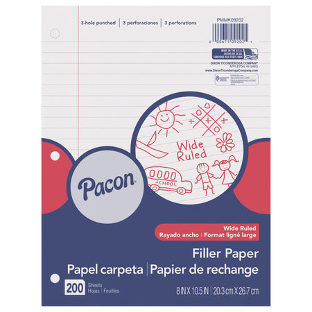 Filler Paper, White, 3-Hole Punched, Red Margin, 3/8" Ruled, 8" x 10.5", 200 Sheets