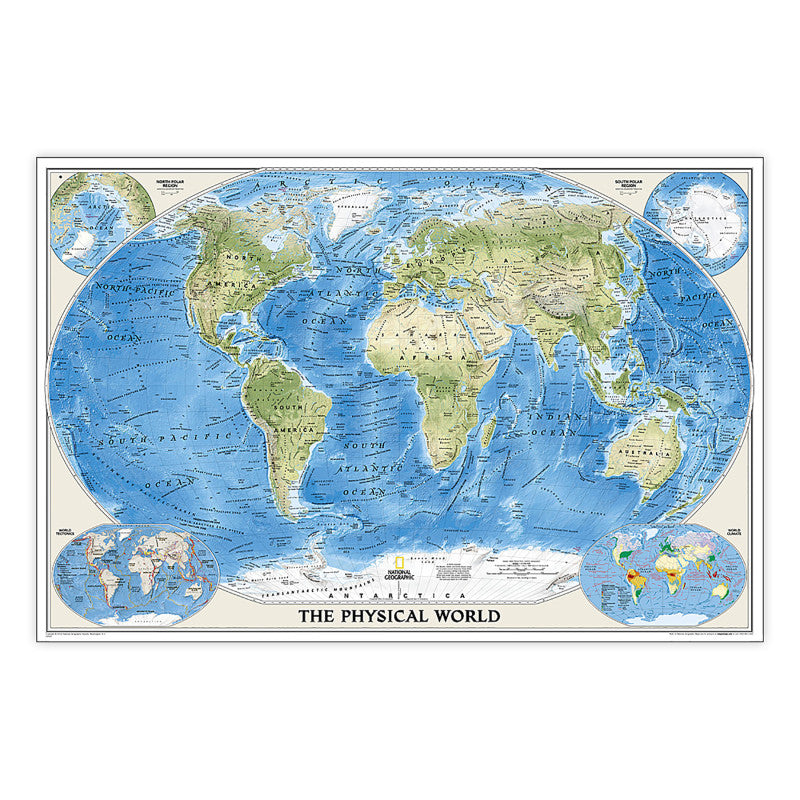 World Physical Map, Laminated, 45.75" x 30.5"