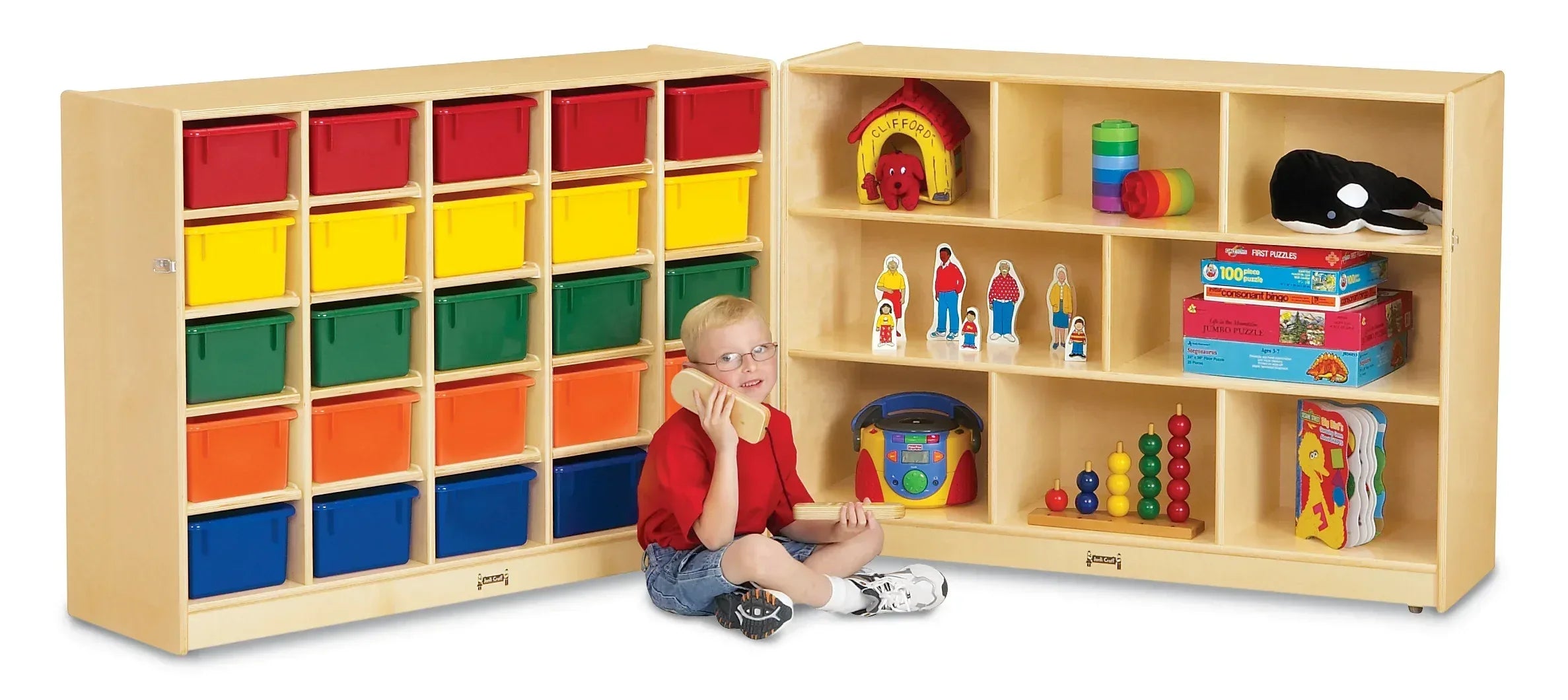 Jonti-Craft® 25 Cubbie-Tray Mobile Fold-n-Lock - with Clear Trays
