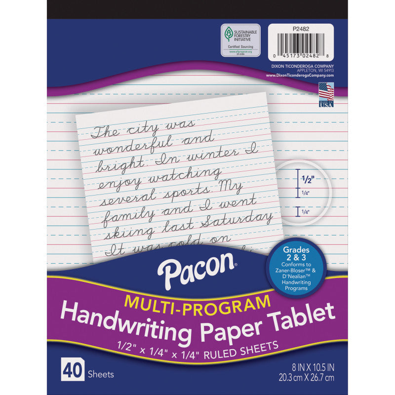 Multi-Program Handwriting Tablet, D'Nealian/Zaner-Bloser, 1/2" x 1/4" x 1/4" Ruled Short, 8" x 10-1/2", 40 Sheets
