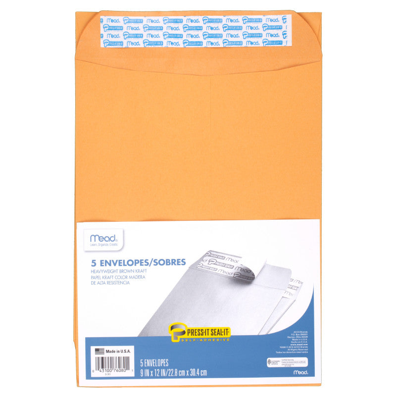 Press-It Seal-It&reg; Envelopes, 9" x 12", Pack of 5