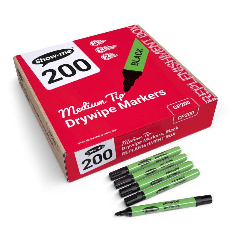 Medium Tip Slim Barrel Dry Erase Markers, Black, Box of 200
