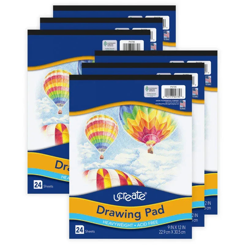 Drawing Paper Pad, Heavyweight, 9" x 12", 24 Sheets Per Pad, Pack of 6