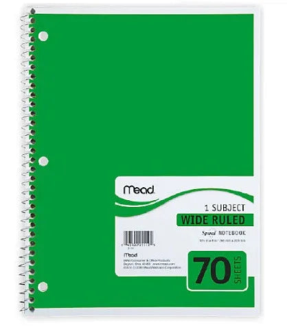 Spiral Notebook 1 Subject 10.5" x 8", Wide Margin, 70 sheets (05510)