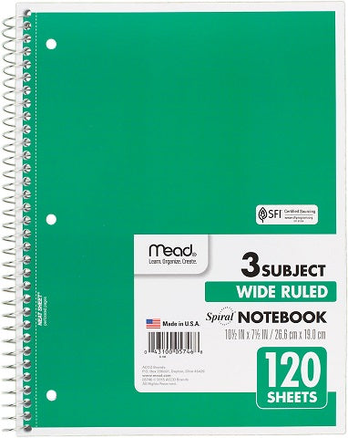 Notebook Spiral 3 Subject 10.5" x 8", Wide Margin, 120 sheets