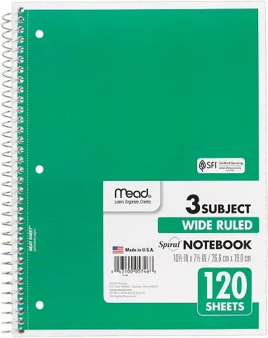 Notebook Spiral 3 Subject 10.5" x 8", Wide Margin, 120 sheets