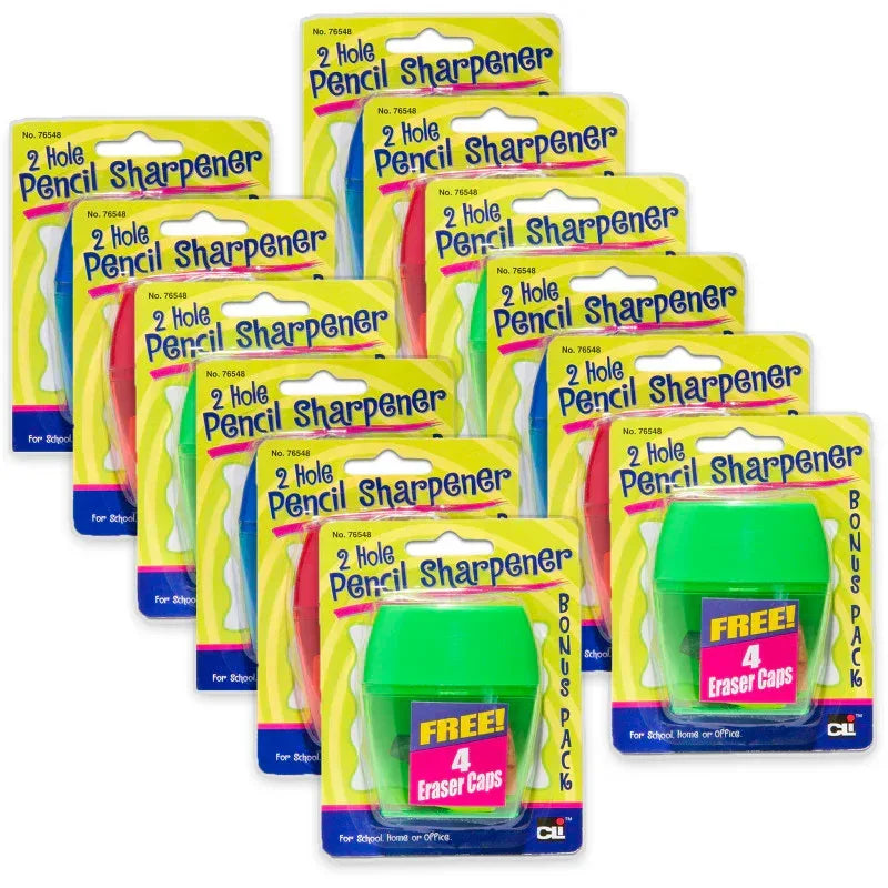 Two-Hole Pencil Sharpener w/Catcher, Bonus Erasers, Assorted Colors, Set of 12