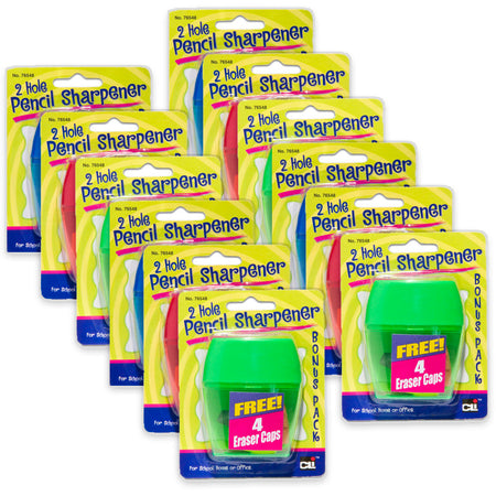 Two-Hole Pencil Sharpener w/Catcher, Bonus Erasers, Assorted Colors, Set of 12