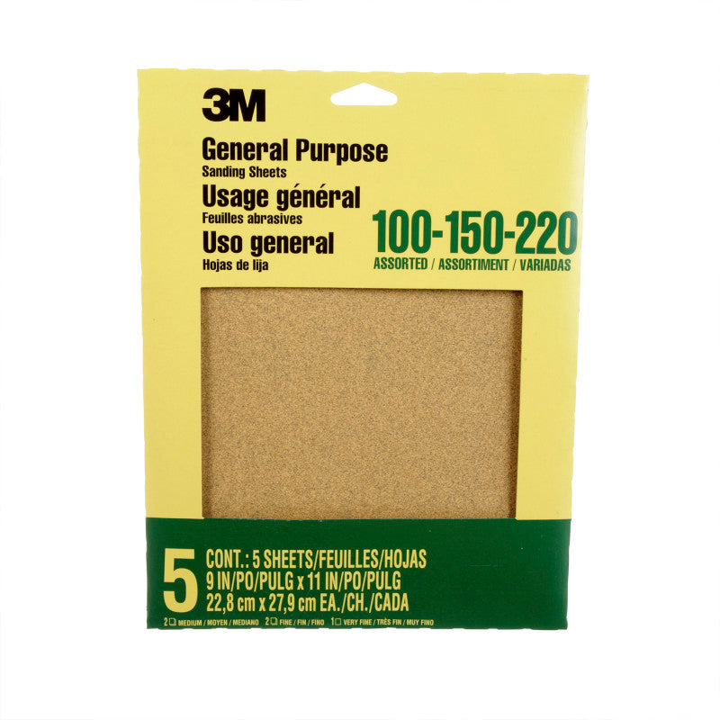 General Purpose Sanding Sheets, 100, 150, 200 Grit Assortment, 9" x 11", 5 Sheets