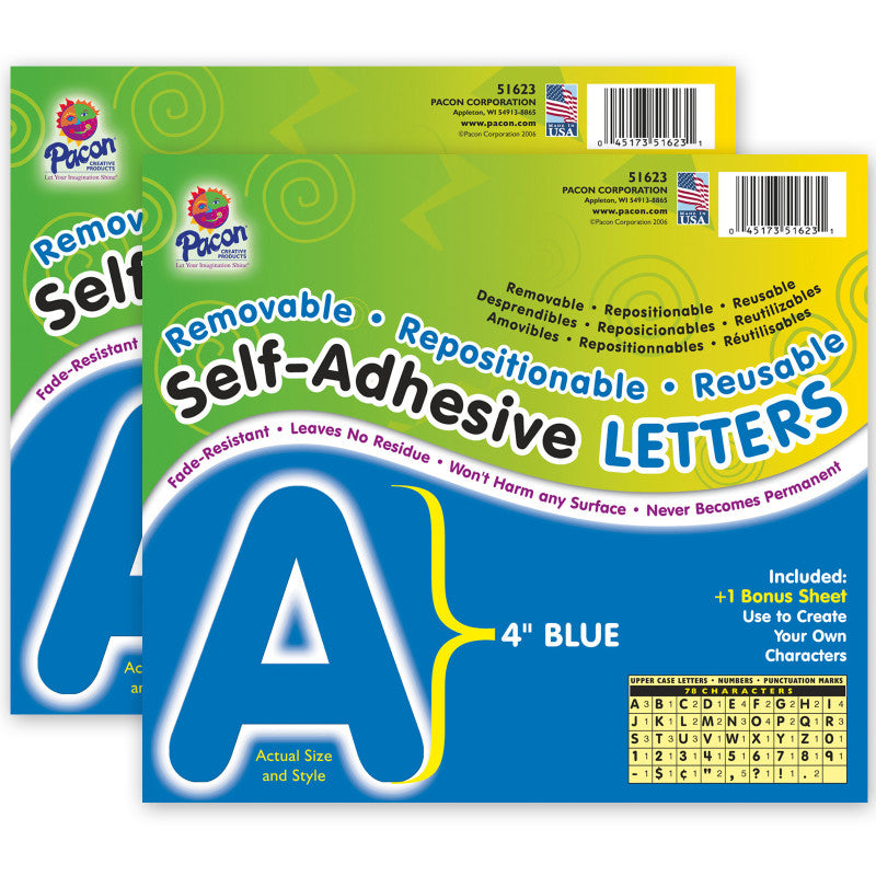 Self-Adhesive Letters, Blue, Puffy Font, 4", 78 Characters Per Pack, 2 Packs