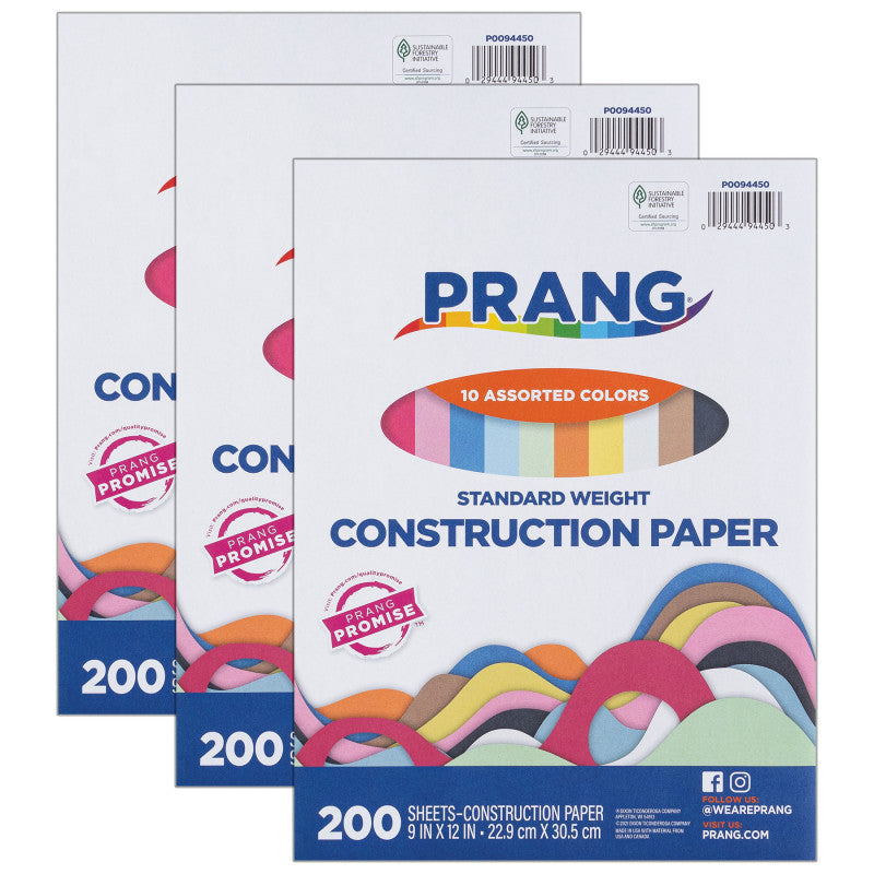 Construction Paper, Standard Weight, 10 Assorted Colors, 9" x 12", 200 Sheets Per Pack, 3 Packs