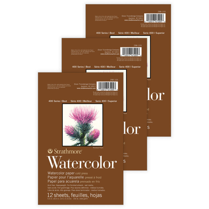 400 Series Watercolor Paper Pad, Cold Pressed, Tape Binding, 12 Sheet, 5.5x8.5 inch, Pack of 3
