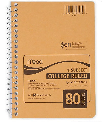 Spiral Personal Notebook 6" x 9" College Margin 80 Sheets