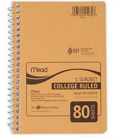 Spiral Personal Notebook 6" x 9" College Margin 80 Sheets