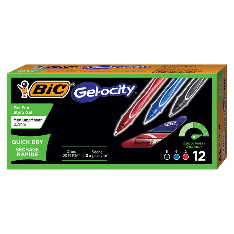 Gel-ocity&reg; Quick Dry Retractable Gel Pens, Assorted Black, Blue and Red, Pack of 12