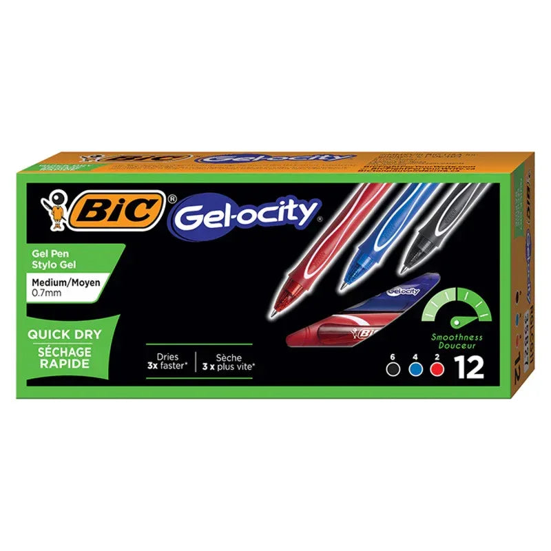 Gel-ocity&reg; Quick Dry Retractable Gel Pens, Assorted Black, Blue and Red, Pack of 12