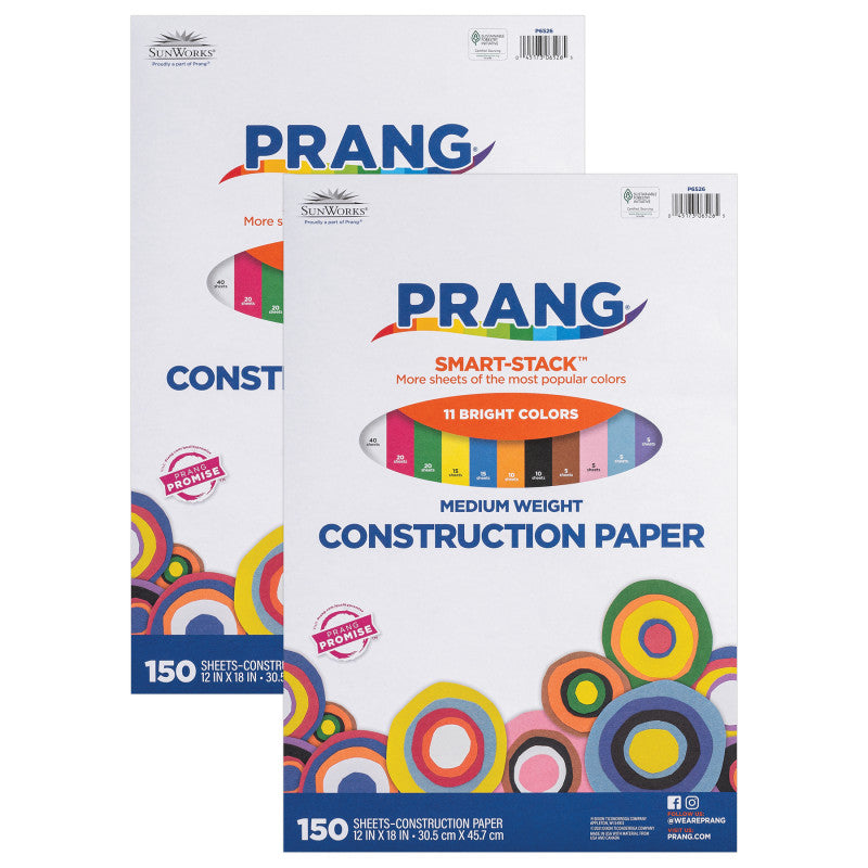 Smart Stack&trade; Construction Paper, Medium Weight, 11 Assorted Colors, 12" x 18", 150 Sheets Per Pack, 2 Packs