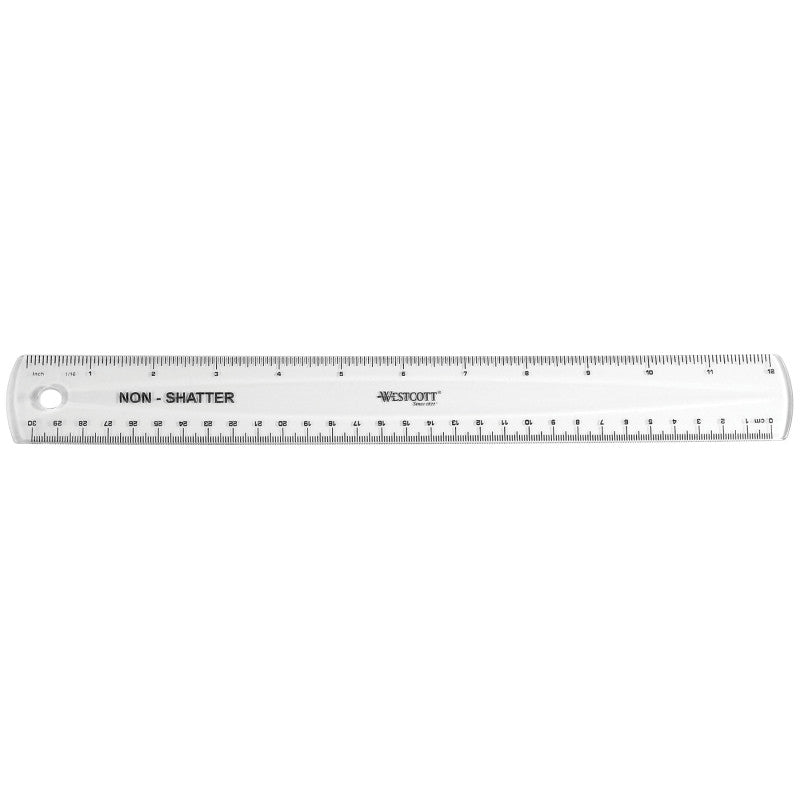 Non-Shatter Flexible Ruler, Standard/Metric, 12 in (30 Cm) Long, Plastic, Clear, 12 Per Pack