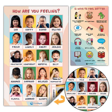 Laminated Feelings & Coping Posters for Kids, 11" x 17", English & Spanish, Set of 2