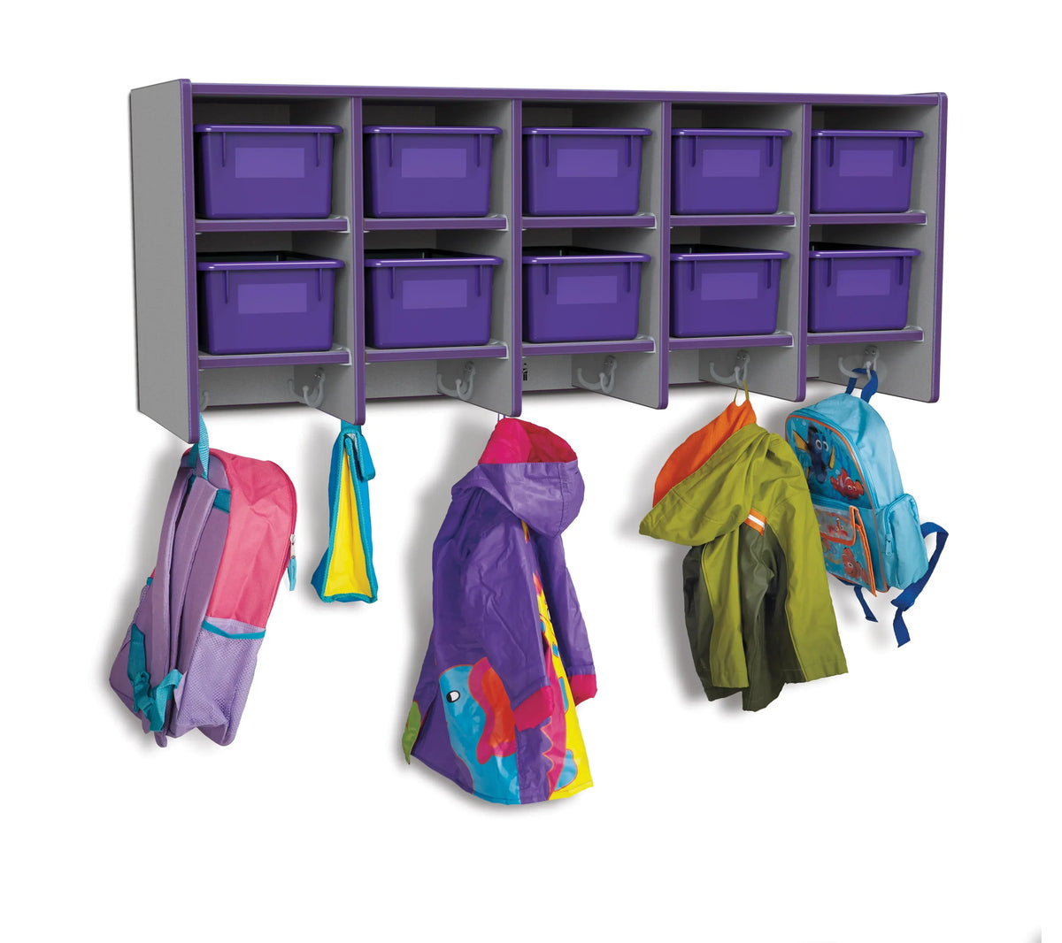 Rainbow Accents® 10 Section Wall Mount Coat Locker - with Trays - Purple