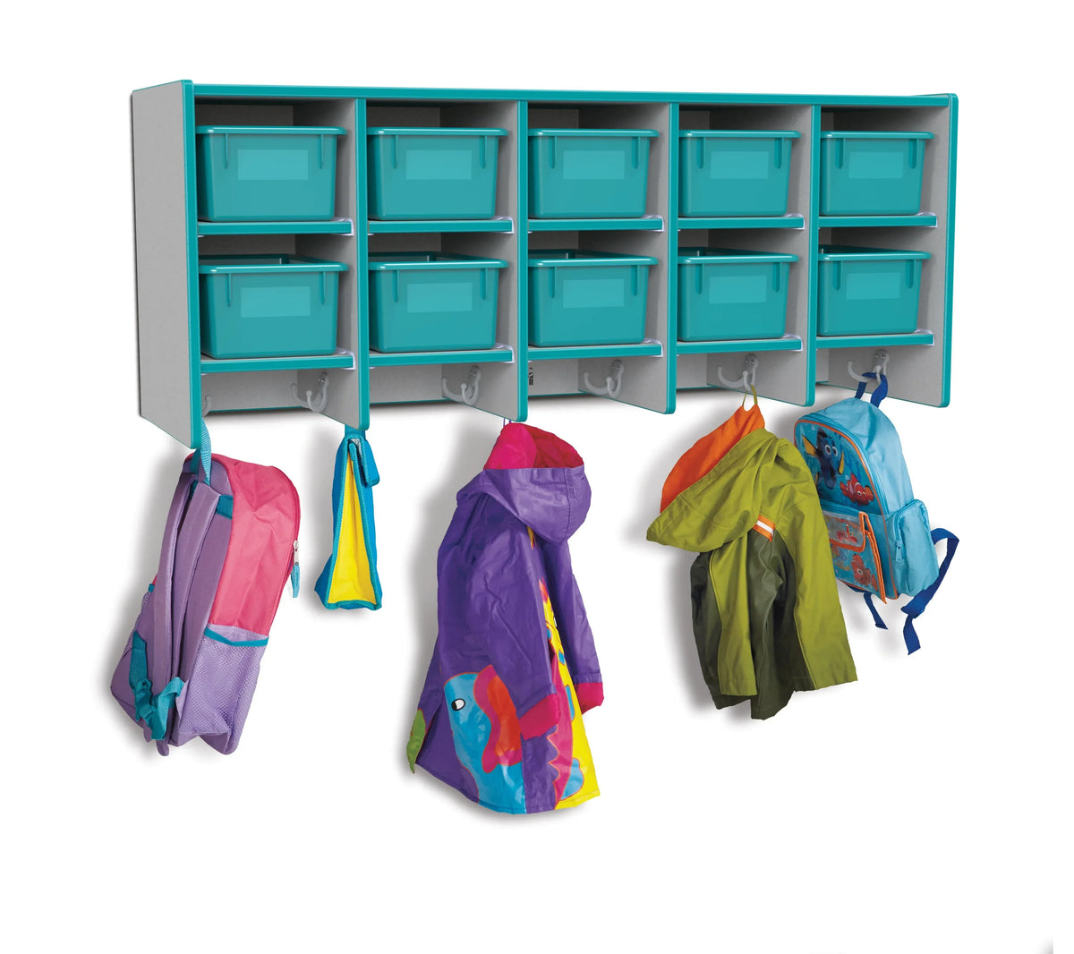 Rainbow Accents® 10 Section Wall Mount Coat Locker - with Trays - Teal