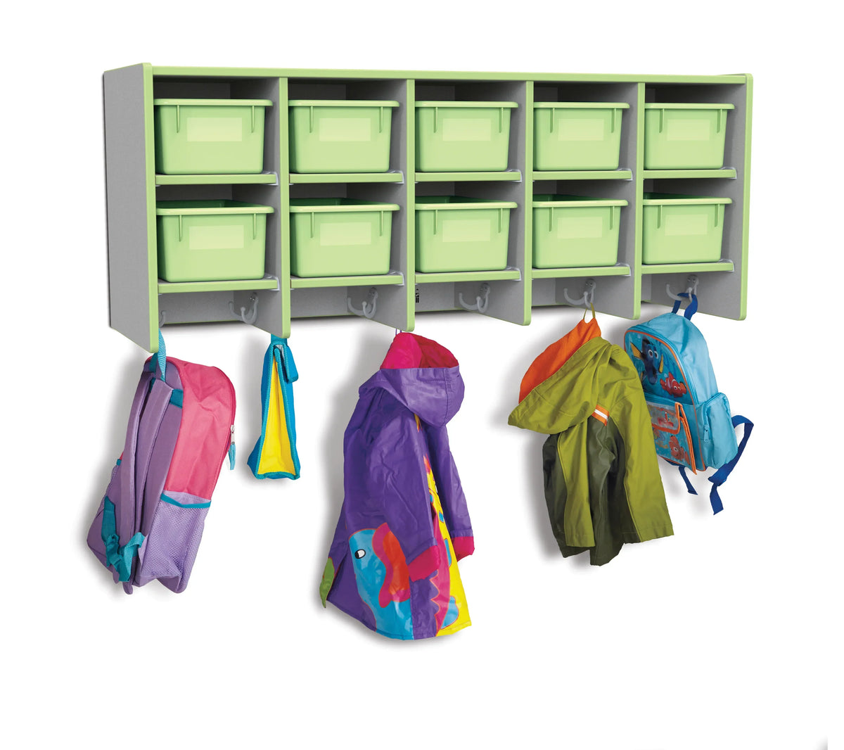 Rainbow Accents® 10 Section Wall Mount Coat Locker - with Trays - Key Lime Green
