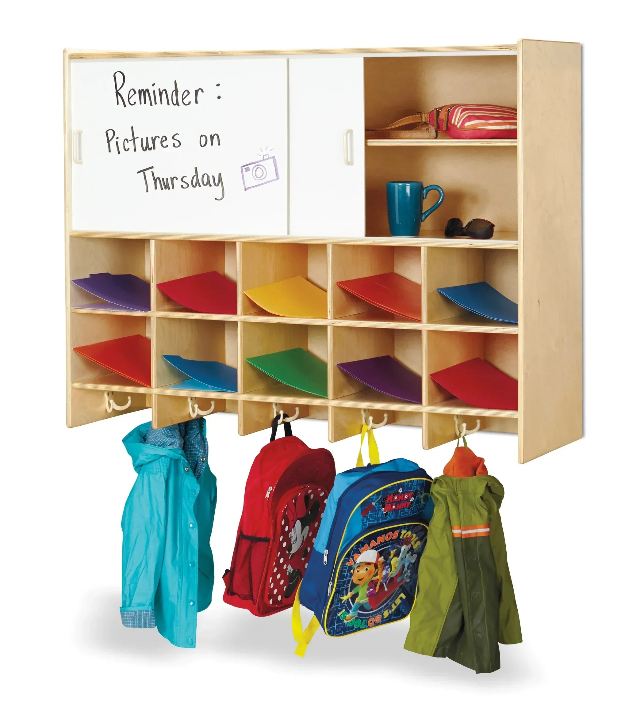 Jonti-Craft® 10 Section Wall Mount Coat Locker with Storage – with Colored Cubbie-Trays