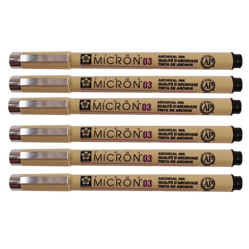 Pigma Micron Pen, Black, 0.35mm Size 03, Pack of 6