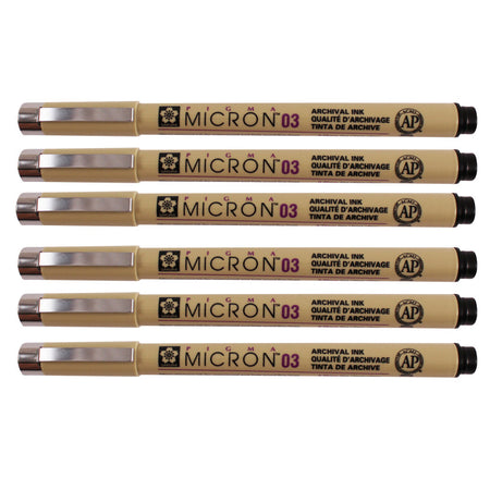 Pigma Micron Pen, Black, 0.35mm Size 03, Pack of 6