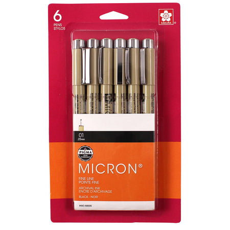 Pigma Micron Pens, Black, Size 01, 6-Pack, Blister Card