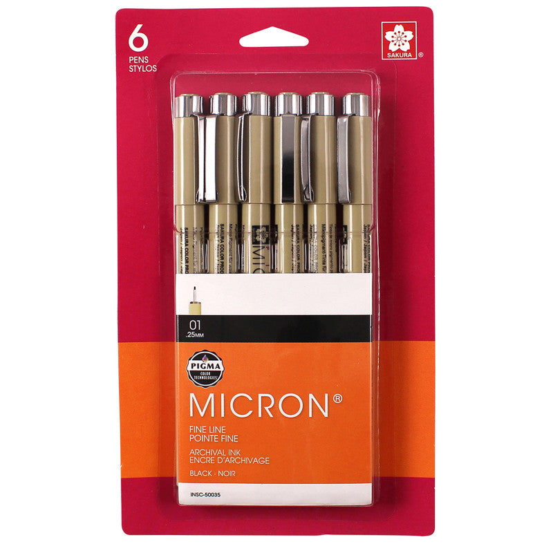 Pigma Micron Pens, Black, Size 01, 6-Pack, Blister Card