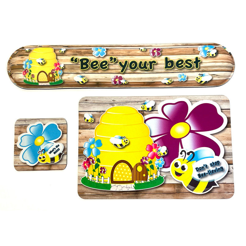 The Original Fun MatÂ® Computer Desk Mats, Set of 3, (1) Mouse Pad, (1) Keyboard Wrist Pad, (1) Coaster, Bee Your Best, Bee Themed Positive